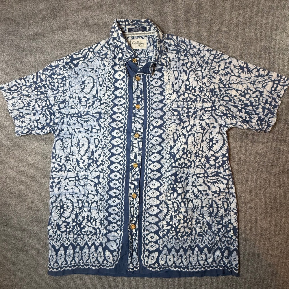 Hilfiger Surf Co Mens Medium Blue White Batik Cotton Short Sleeve Button Shirt